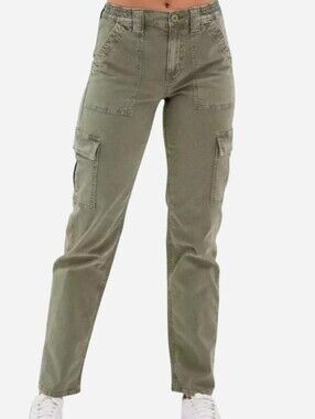 AE Stretch Green Khaki Cargo Jogger Pants Elastic Waist, Size 00